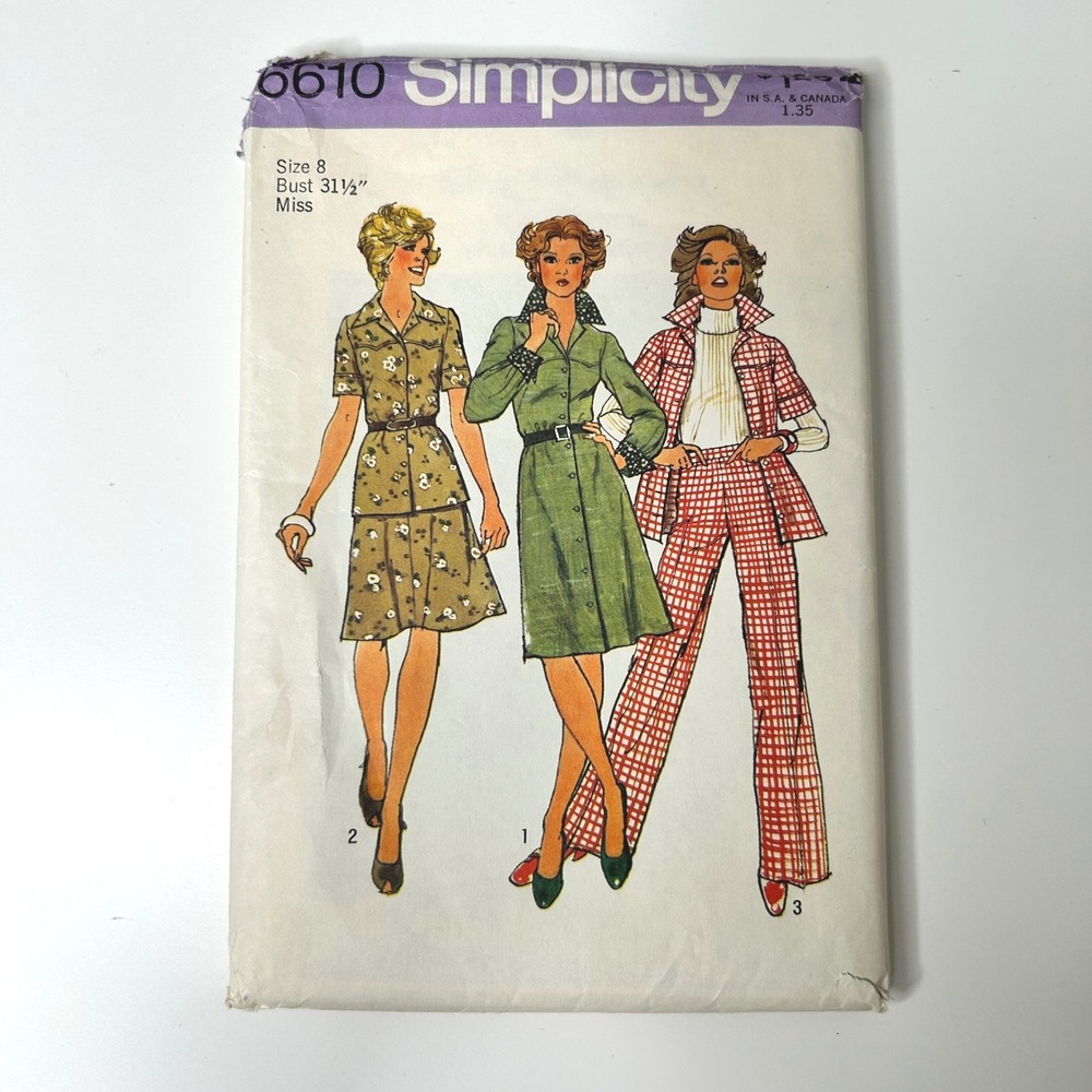 Vintage 1974 Simplicity 6610 Sewing Pattern Misses Dress Top Skirt Pants Size 8